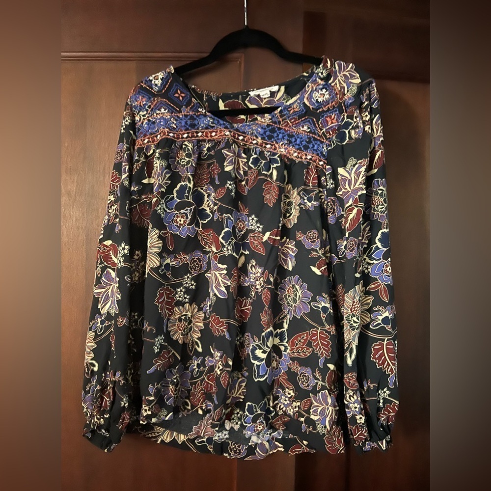 BLL black flower tropical bohemian long sleeve top women’s large